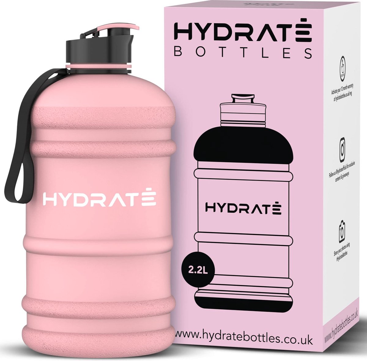 HYDRATE 2,2 liter sportfles - duurzaam en extra sterk - BPA vrij - ideaal voor: Sportschool, Dieet, Bodybuilding, Buitensport, Wandelen en Kantoor - Grote Waterfles (Mat Roze)