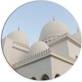 Dibond Muurcirkel - Bovenkant van Witte Sjeik Zayed Moskee, Abu Dhabi, Verenigde Arabische Emiraten - 70x70 cm Foto op Aluminium Muurcirkel (met ophangsysteem)