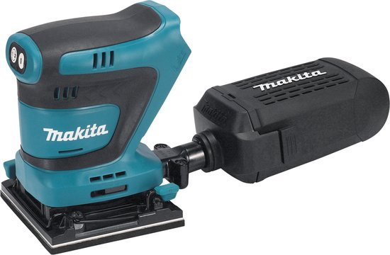 Turquoise en zwarte Makita acculucht schuurmachine met stofopvangbak.