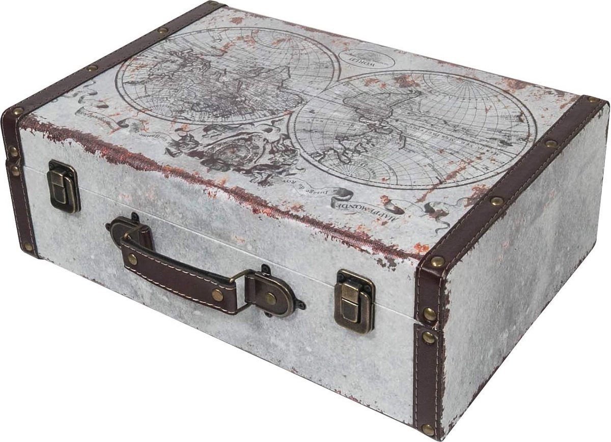 HMF VKO101 Vintage houten koffer, 38 x 26 x 13 cm, groot, wereldkaart