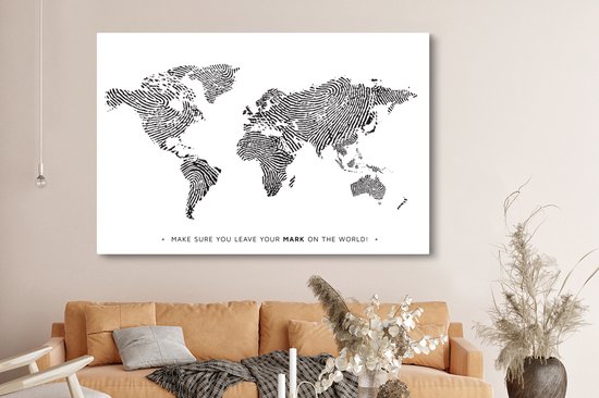 Wereldkaart en toile - Citation - Empreinte digitale - 180x120 cm - Décoration murale