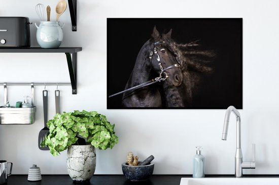 Photo encadrée - Portrait d'un cheval à la longue crinière sur fond noir Cadre photo noir sans passe-partout 60x40 cm - Affiche encadrée (Décoration murale salon / chambre)