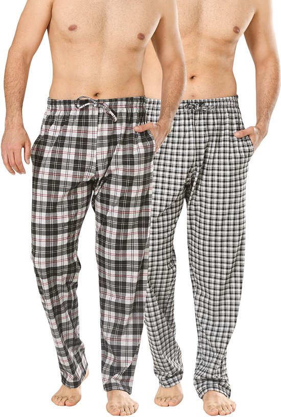 Pyjama Heren - Broek - 2 Pack - Zwart / Grijs Geruit - S - Pyama Heren Volwassenen - Pyjamabroek Heren - Pyamabroek Heren