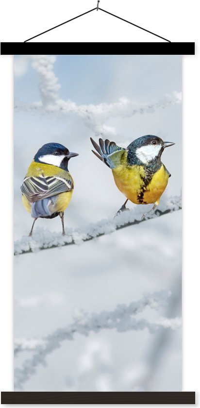 Porte-affiche avec Poster 60x120 cm - Affiche scolaire - Vogel - Mésange charbonnière - Hiver - Neige - Branches - Affiche textile - Lattes noires