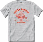Crazy Burger | Hamburger - Fast Food - T-Shirt - Unisex - Donker Grijs - Gemêleerd - Maat M