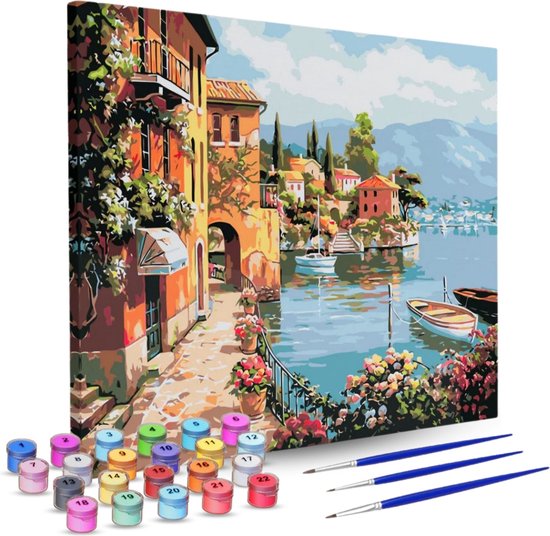 Rubye® Schilderen Op Nummer Volwassenen – Italiaanse Kust – Inclusief Penselen – Canvas Schildersdoek – Kleuren op Nummer – 40x50cm