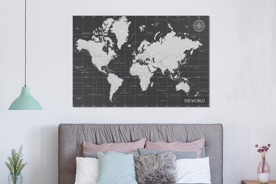 Décoration murale Métal - Aluminium - Wereldkaart - Zwart - Wit - Monde - 150x100 cm