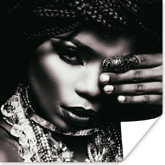 Affiche Femme - Bijoux - Zwart - Wit - 100x100 cm XXL