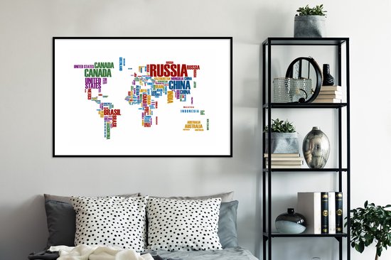 Affiche avec cadre Cartes du monde du Wereldkaart - Lettres - Couleurs - Cadre photo noir - 120x80 cm - Affiche avec cadre