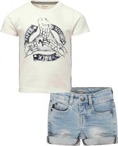 Koko Noko - Noppies - Kledingset - 2DELIG - Broek Jeans Short Blauw - Shirt Garborone Oatmeal - Maat 128