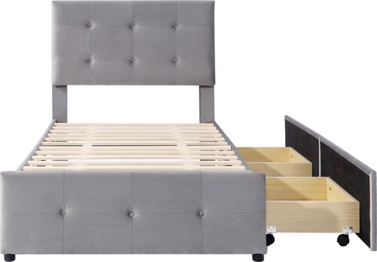 Merax Gestoffeerd Eenpersoonsbed met Lades 90 x 200 CM - Bed met Opbergruimte - Grijs