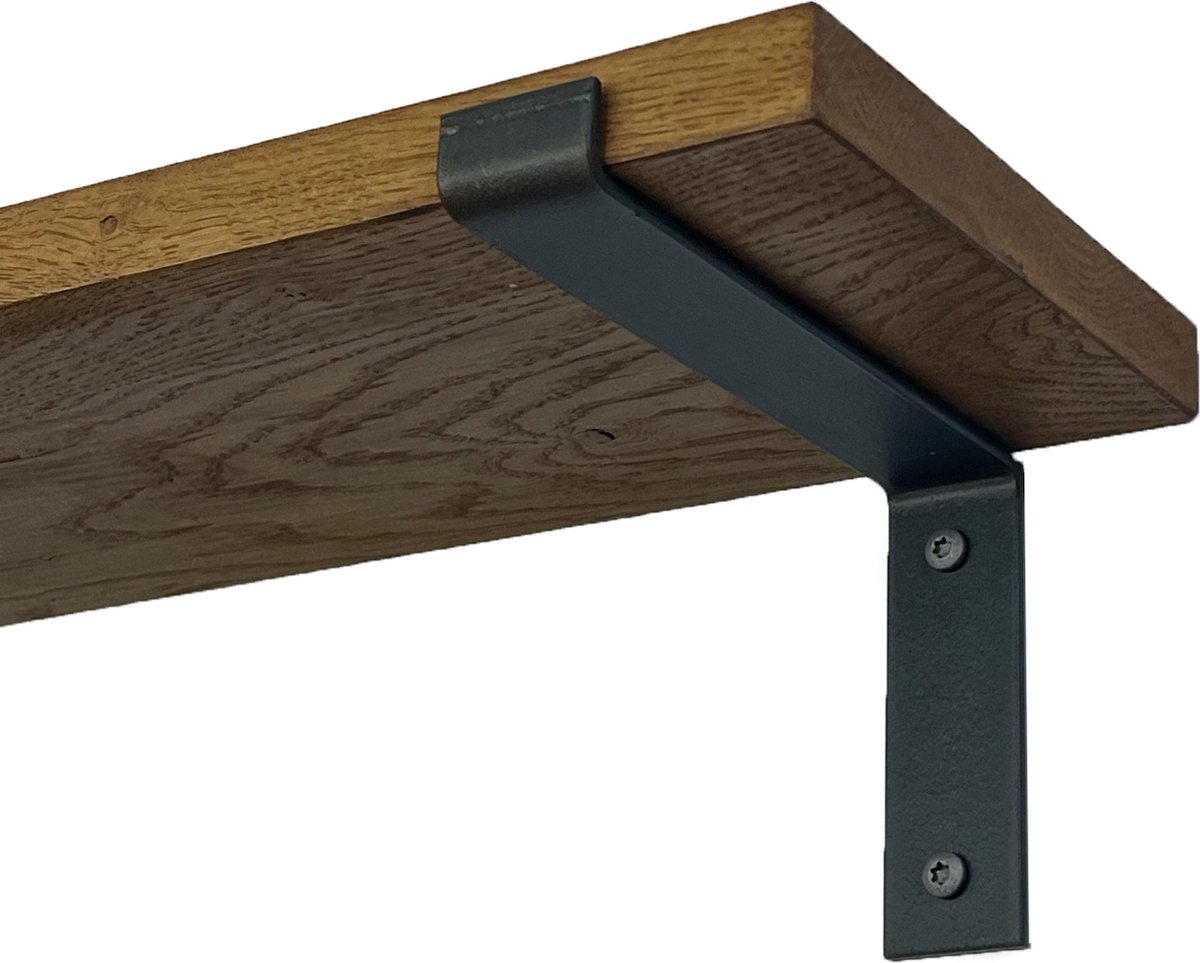 GoudmetHout Wandplank Industrieel - 160 x 20 cm Muurplank - Donker Eiken Hout - Decoratie Wandrek & Boekenrek - Hangplank Keuken - Wall Shelf + 2 Mat Blanke Plankdragers van Staal