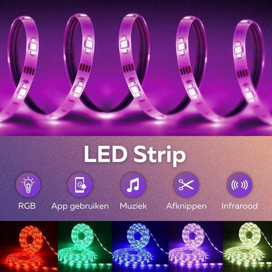 BYER RGB LED Strip Licht 15 Meter - Muzieksynchronisatie + Kleurverandering - Ingebouwde Microfoon - App Bediening + Afstandsbediening - Verlichting - 5050 RGB Led (5M/10M/15M/20M/30M)