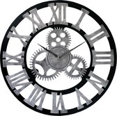 LW Collection Wandklok grijs 60cm industrieel - grote industriële wandklok hout met tandwielen - Moderne wandklok - Landelijke klok stil uurwerk