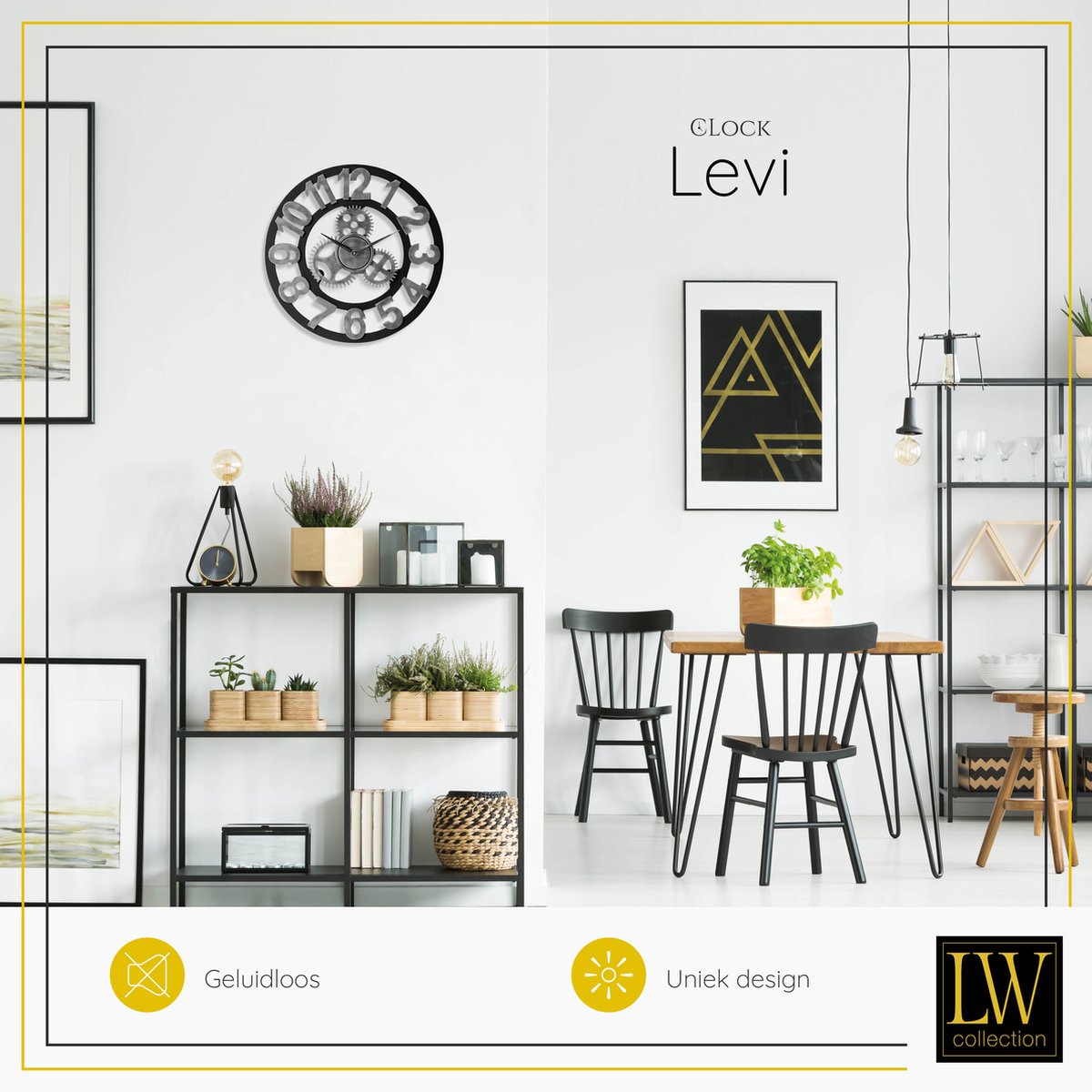 LW Collection Wandklok grijs zwart 40cm - Kleine houten landelijke klok met tandwielen - Industriële wandklok stil uurwerk — cadeau in Wonen & Interieur - foto 2