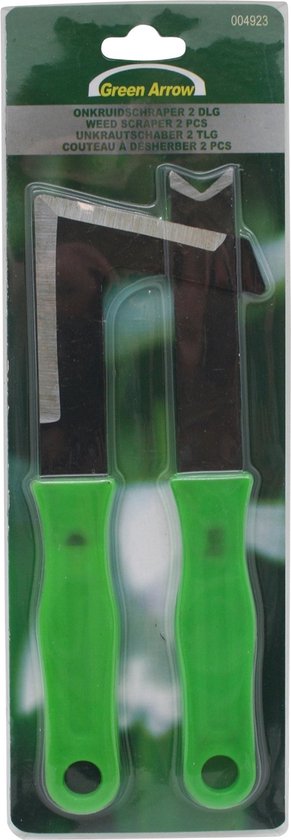 Green Arrow onkruidschaar set in verpakking, met een gebogen en een rechte schraper, groene handvatten.