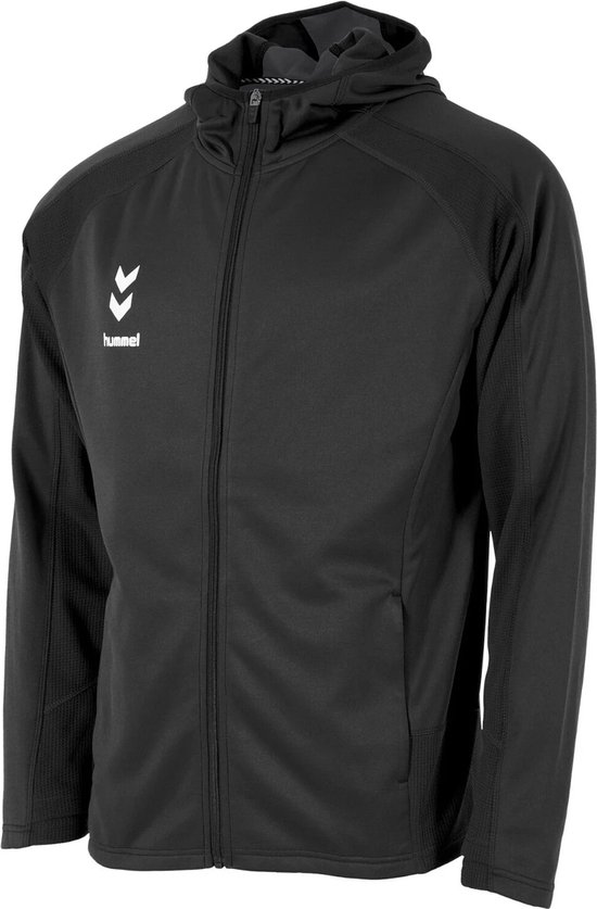 Zwarte hummel hoodie met witte logo's op de borst en rits.
