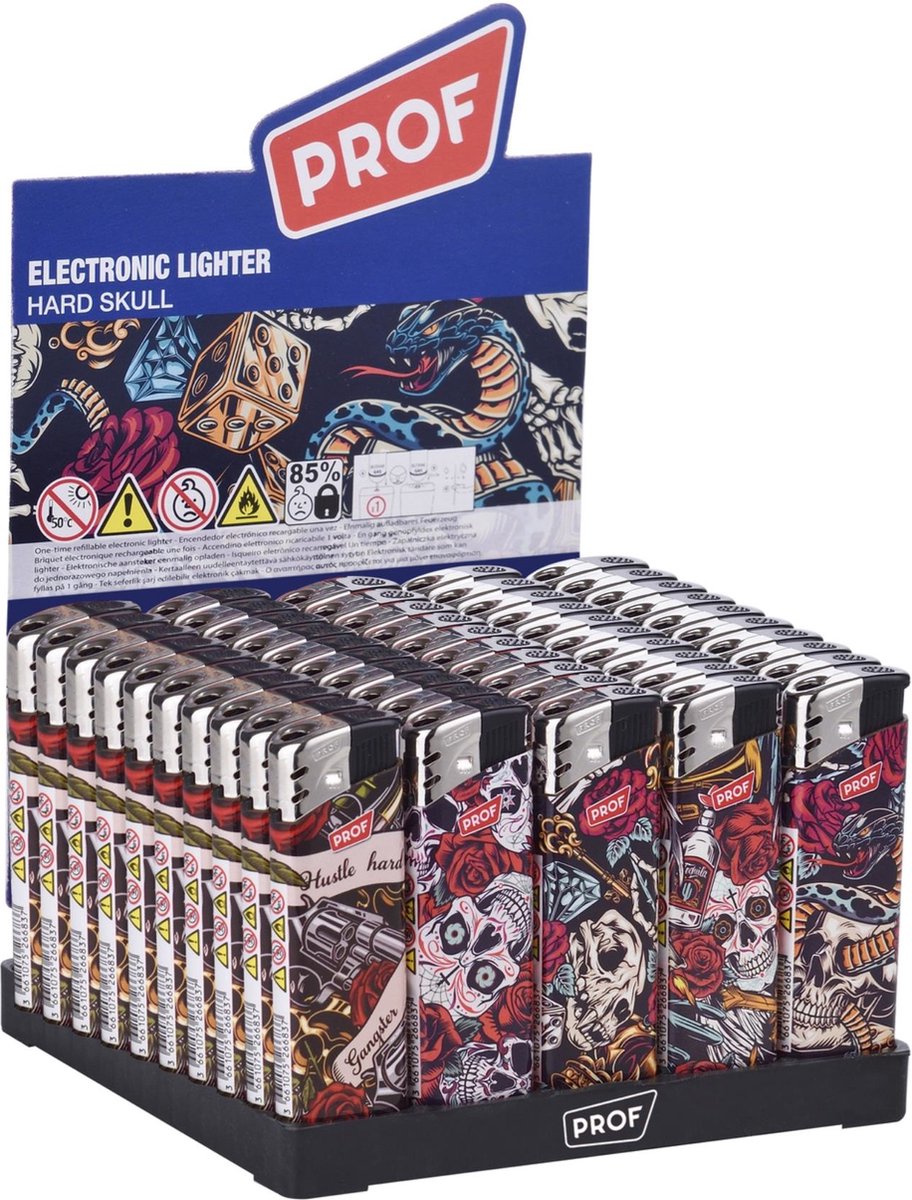 Goedkoopste Prof Stoere wegwerpaanstekers - Hard Skull print - 50 stuks - 8 x 2.4 x 1.2 cm