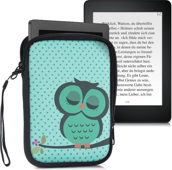 kwmobile Universele Cover voor eReader - Neopreen hoesje Slapende Uil design turquoise / bruin / mintgroen - 17 x 12 x 2 cm van Merkloos — afbeelding 2