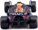 Zicht op de achterkant van een zwarte Formule 1 auto RB18 met 'ORACLE' op de vleugel.