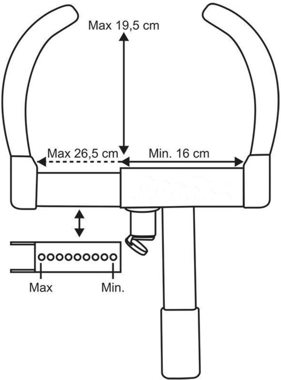 Technische tekening van een gele wielklem met rode uiteinden, met afmetingen in cm.