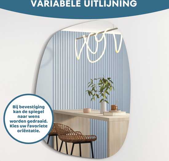 HLFMVWE Wandspiegel, asymmetrisch, ovaal, onregelmatig, moderne houten lijst, unieke vorm, wandmontage, kunstspiegel, decoratief, voor woonkamer, slaapkamer, badkamer