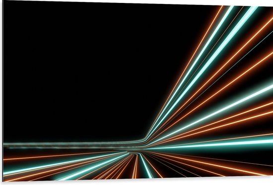 Dibond - Groene en Oranje Kleurige Neon Strepen op Zwartkleurige Achtergrond - 105x70 cm Foto op Aluminium (Met Ophangsysteem)