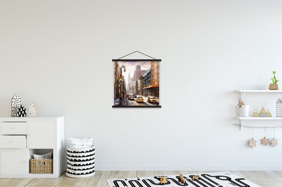 Porte-affiche avec affiche - Affiche scolaire - Peinture - Ville - Voiture - Peinture à l'huile - 40x40 cm - Lattes noires