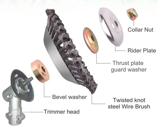 Exploded view van de trimmerkop met stalen draadborstel, opzetstuk en ringen.