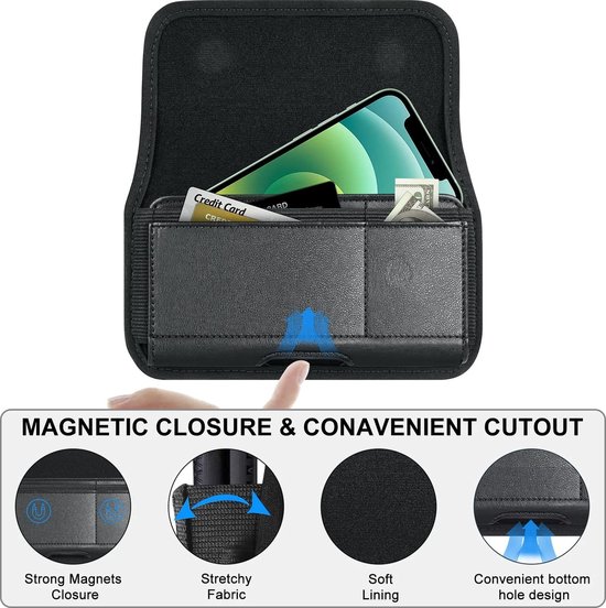 Holster de téléphone noir avec fermeture magnétique, fentes pour cartes de crédit et un smartphone interne.