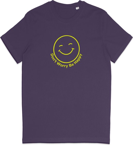 T Shirt Smiley - Positieve Tekst Don't Worry Be Happy - Paars XS