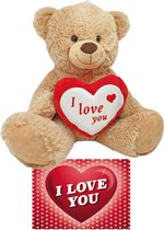 Bruine pluche knuffelbeer - 45 cm - incl. Valentijnskaart I Love You