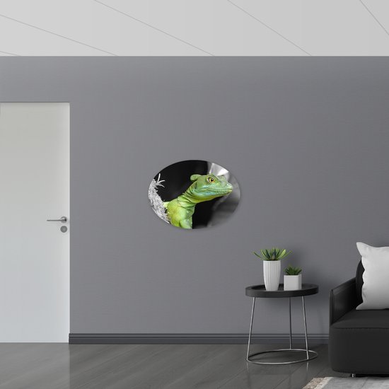Dibond Ovaal - Groene Kroonbasilisk - 80x60 cm Foto op Ovaal (Met Ophangsysteem)