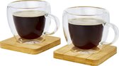 Seasons Dubbelwandige koffieglazen 100 ml - set van 8x stuks - met bamboe onderzetters - Espresso glazen