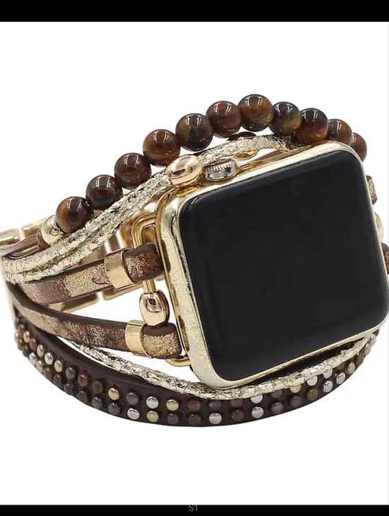 Bracelet de montre adapté pour Apple Watch -38/40/41 mm-Bohème- Style Ibiza -cuir bois et acier inoxydable