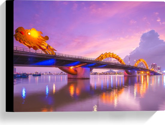 Canvas - Paarse Lucht boven Verlichte Dragon brug in Da Nang, Vietnam - 40x30 cm Foto op Canvas Schilderij (Wanddecoratie op Canvas)
