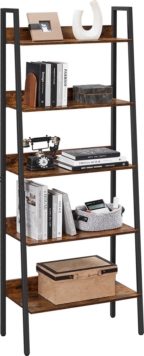Signature Home Belfort Boekenkast - boekenkast met 5 niveaus - ladderplank met 5 planken - open staande plank - smal - voor woonkamer - slaapkamer - keuken - kantoor - metalen frame - industrieel ontwerp - vintage bruin zwart