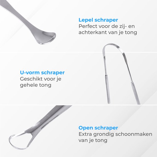 Nuvance Professionele Tongschraper - 3 in 1 Set - voor Mondverzorging - Tongreiniger - Tong Schraper - Tongue Scraper - RVS