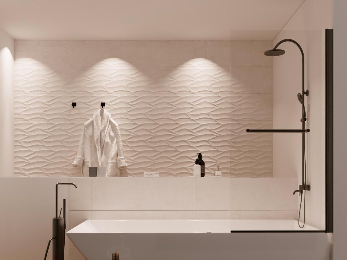 Shower & Design Badscherm met matzwarte metalen handdoekenrek in industriële stijl - 70 x 140 cm - TOBIN L 70 cm x H 140 cm x D 0.5 cm