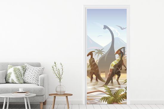 Sticker de porte dinosaures - Décoration chambre d'enfant - Dinosaurus - Paysage - Tropical - Enfants - Garçons - 90x215 cm - Décoration chambre