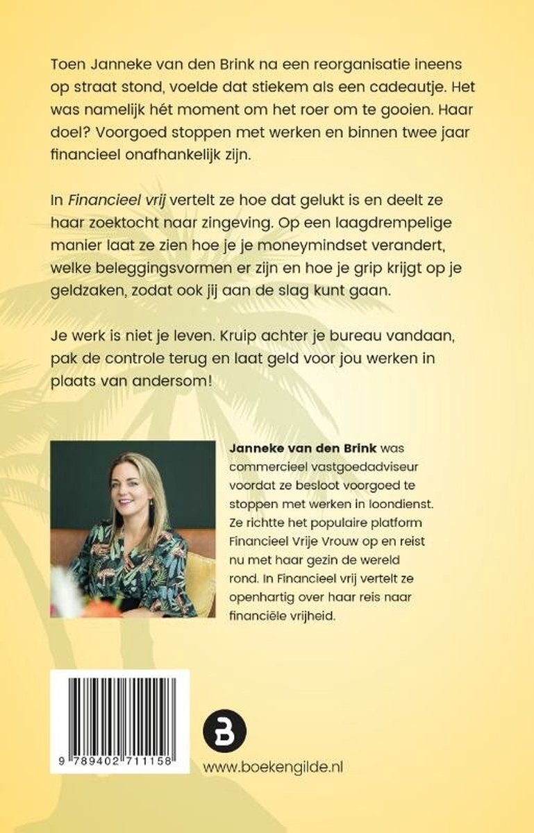 Boekomslag met portret van Janneke van den Brink in vrijetijdskleding met tekst "Financieel vrij".