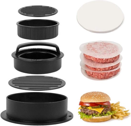 Presse à Hamburger 3 En 1 - Pour Burgers Classiques, Farcis Et Sliders - Diamètre 12,5 Cm - Avec 60 Feuilles De Papier Ciré