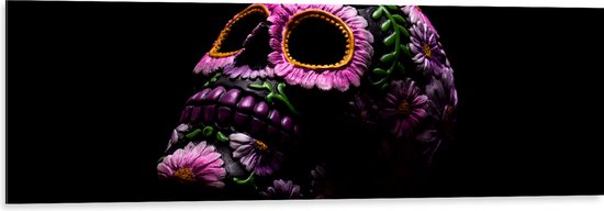 Dibond - Doodskop Versierd met Paarse Bloemen en Groene Planten tegen Zwarte Achtergrond - 120x40 cm Foto op Aluminium (Met Ophangsysteem)
