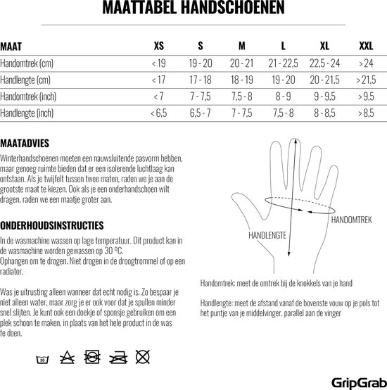 Maattabel voor winterhandschoenen met maten, handlengte, handomtrek en onderhoudsinstructies.