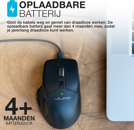JLab Jbuds Draadloze Muis - Bluetooth Computermuis Draadloos - Stille Clicks - Verbind 3 Apparten - Draadloze Dongle - 4 Maanden Batterijduur - Rechtshandig - Multipoint - USB C Oplaadbaar - Zwart