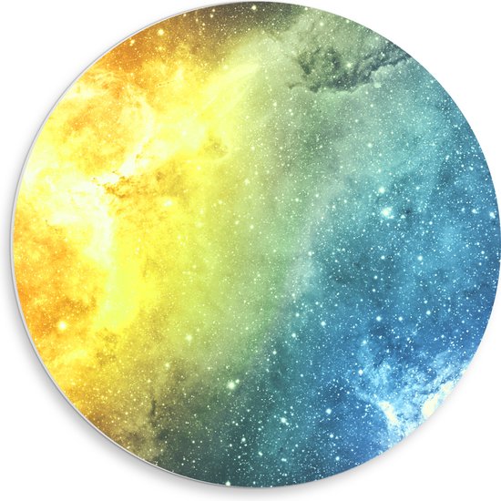 PVC Schuimplaat Muurcirkel - Galaxy Lucht met Oranje, Blauw en Paarse Gloed - 50x50 cm Foto op Muurcirkel (met ophangsysteem)