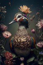 Mandarijn eend vogel met bloemen - canvas - 100 x 150 cm