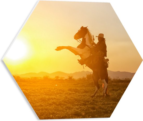 PVC Schuimplaat Hexagon - Felle Grote Zon achter Stijgerend Paard met Cowboy - 40x34.8 cm Foto op Hexagon (Met Ophangsysteem)