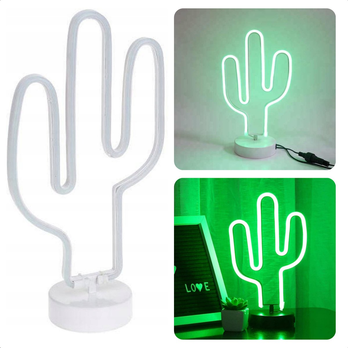 Cheqo® Cactuslamp - Neon Verlichting - Neon Led Lamp - 36cm - Groen Oplichtend - Wit - 3x AA Batterijen - Aan/Uit-Knop - Decoratie voor Thuis of Kantoor