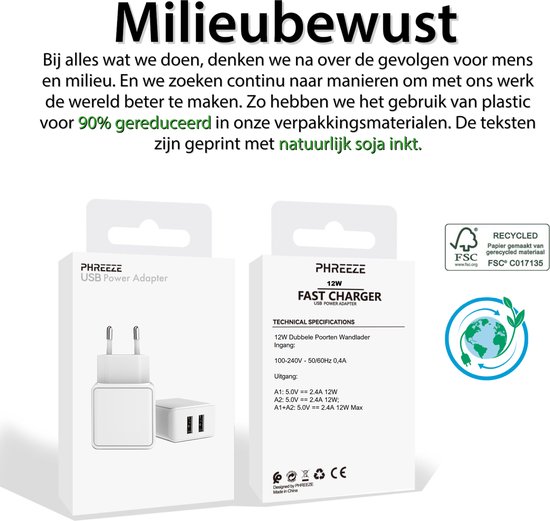 Phreeze PHR-AC54 Prise USB 12W avec 2 Portes + Câble Lightning USB - 1 Mètre - Câble Chargeur iPhone - Adaptateur pour Apple iPhone, Apple iPad, Apple Watch, Apple Airpods